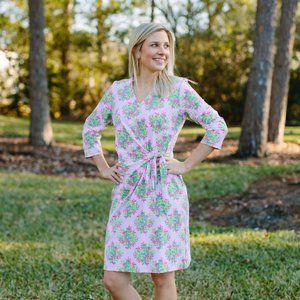 KATHERINE WAY CORONADO DRESS FLOWER BOUQUET PINK LIME, FAUX WRAP, V-NECK SIZE M